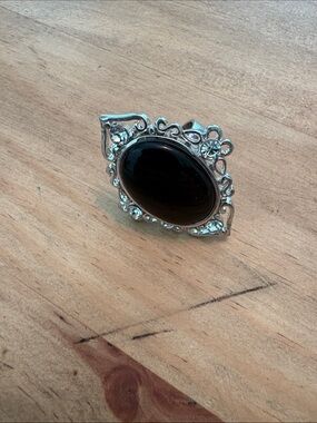 belk Silver-Tone Ring with Black Oval Cabochon